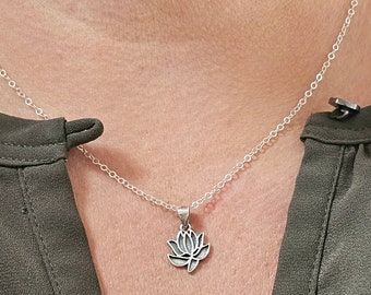 dainty lotus necklace sterling silver yoga jewelry, gift for her, floral necklace