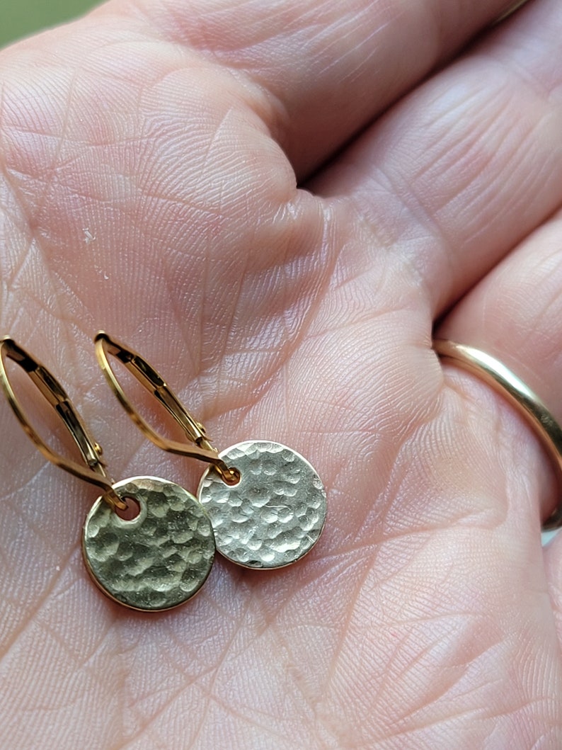 gold hammered disk earrings with lever back gold filled leverback dangle earrings minimalist gift for her gold drop earrings, gift for mom image 4