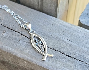 Collar cristiano de pez con cruz de Ichthys, joyería religiosa de plata de ley