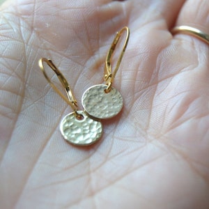 gold hammered disk earrings with lever back gold filled leverback dangle earrings minimalist gift for her gold drop earrings, gift for mom image 3