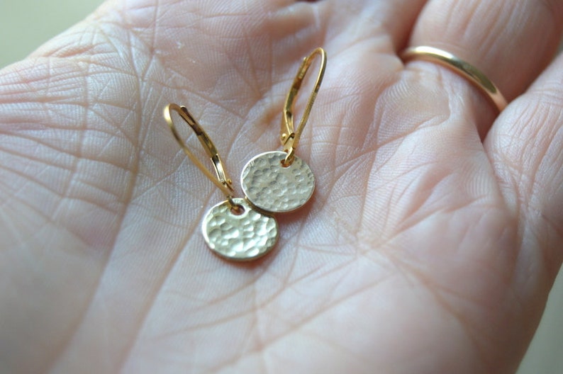 gold hammered disk earrings with lever back gold filled leverback dangle earrings minimalist gift for her gold drop earrings, gift for mom image 3