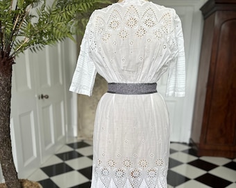 Antique Edwardian white broderie anglaise cotton lawn dress hand embroidered details.