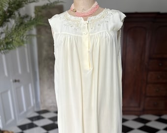 Vintage cream silk smock style long slip dress with hand embroidery