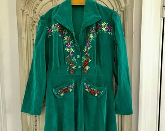 Teal velvet 1940s long sleeve dress with hand embroidery