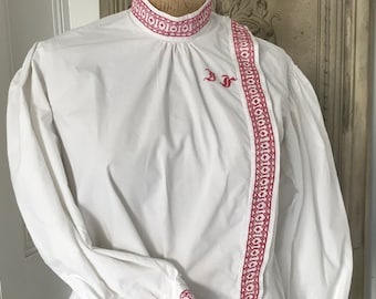 Victorian  white cotton  blouse shirt with red cross stitch embroidery with monogram initials of DD