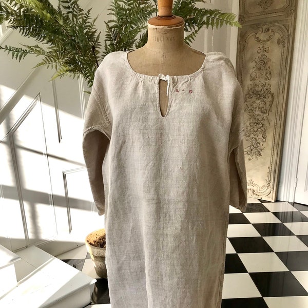 French 1800s rustic farm smock shirt dress hemp linen