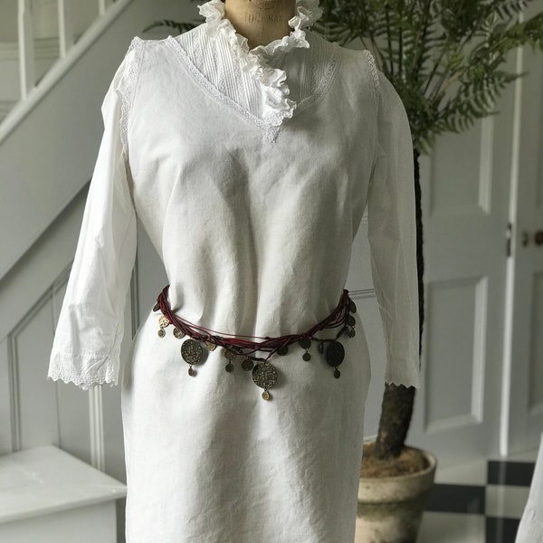 Antique Victorian natural linen loose Smock dress with crochet lace trimming