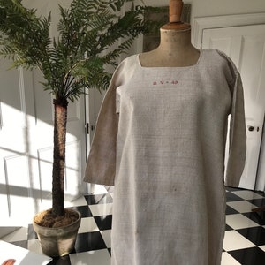 French 1800s Rustic farmers shirt dress hemp linen with monogram MV 49