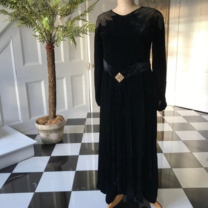 1930s 1940s old Hollywood black silk velvet dress with sequin shoulders details