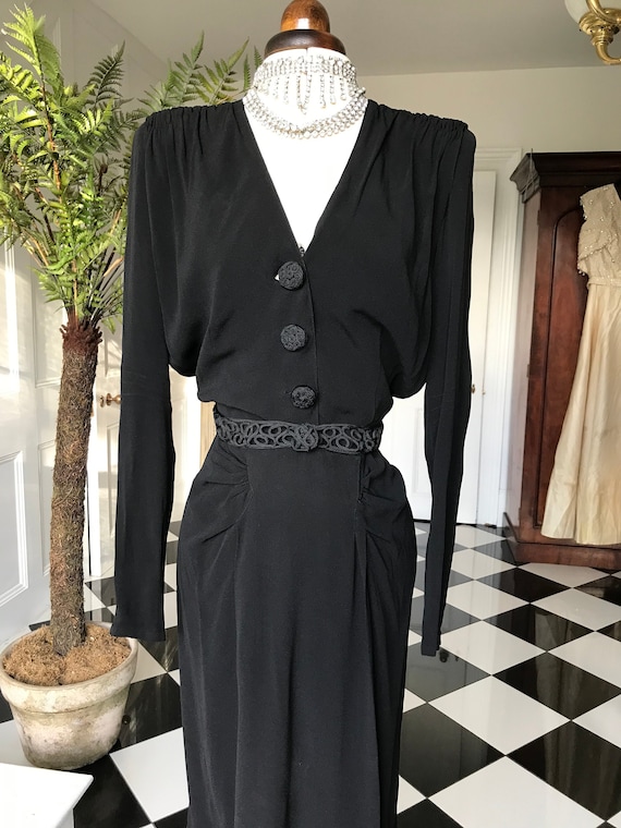 French 1930s 40s black georgette sexy dress - image 1