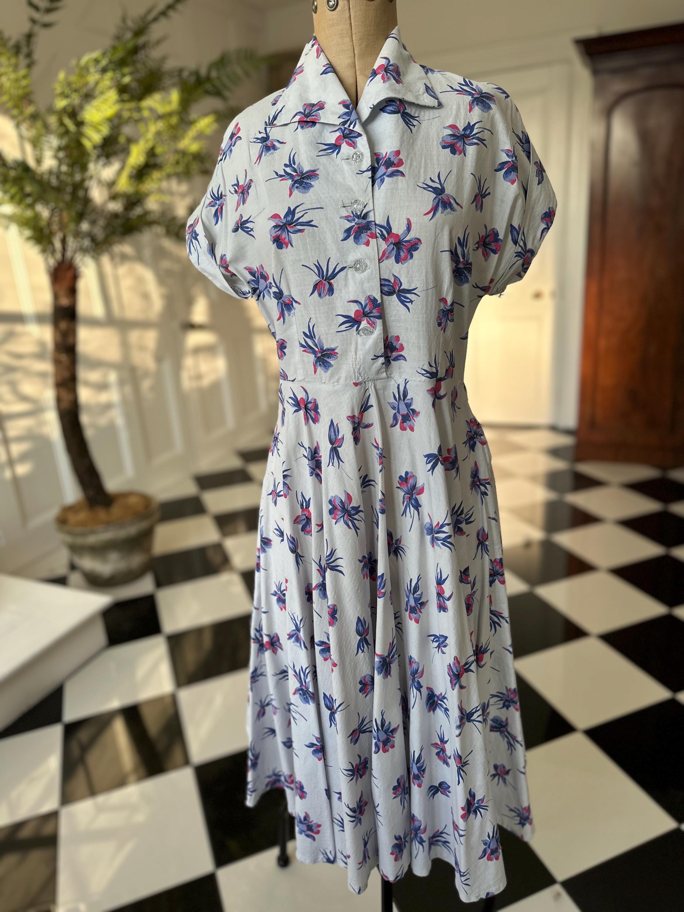 1940s Pale Blue Organdie Floral Dress