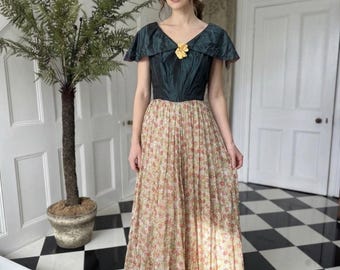 Vintage 1930s 1940s organdie and silk taffeta  ball gown with sequin details