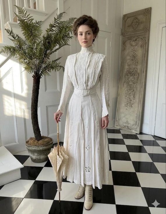 Edwardian linen  lawn dress hand embroidered skirt and bodice with silk ribbon