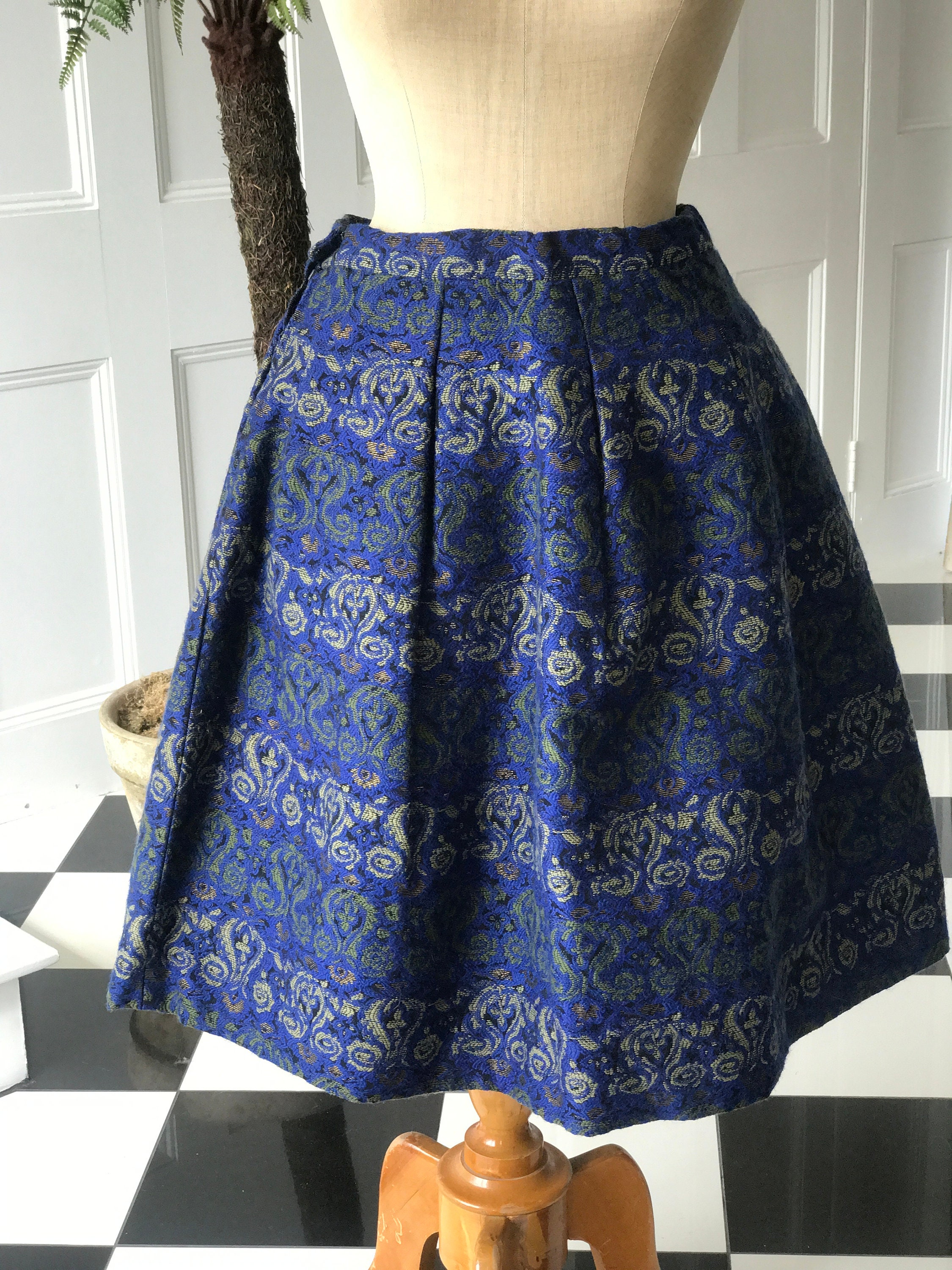 Vintage Wool Cabolt Blue and Gold Damask Thick Wool Skirt | Etsy UK
