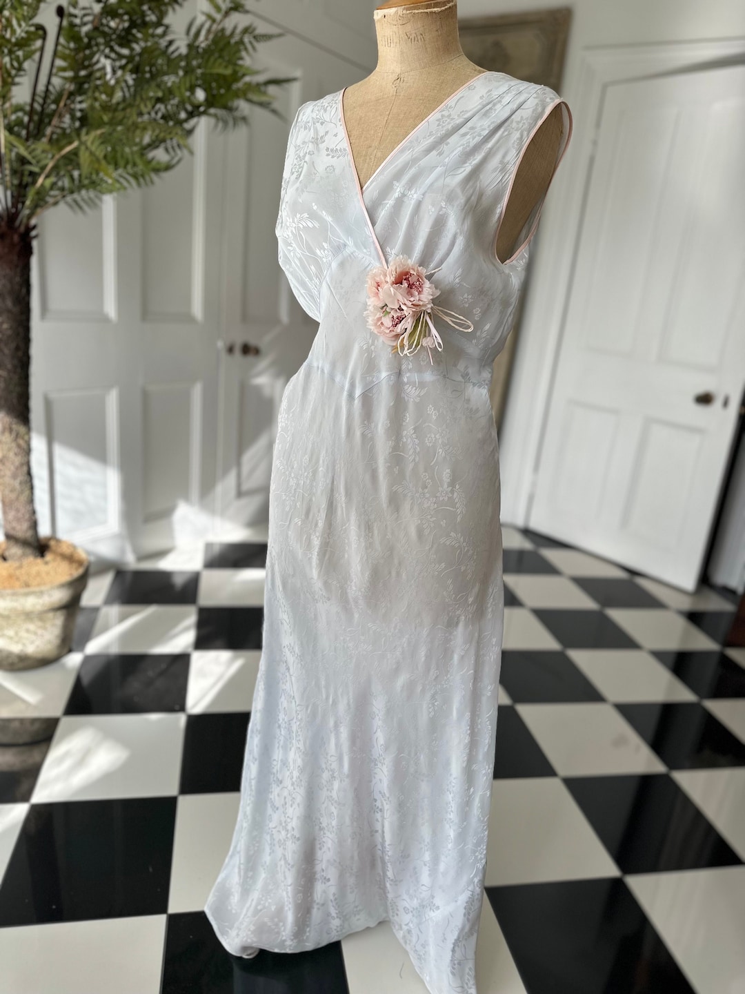 1930s Blue Rose Print Bias Slip Dress | S/M