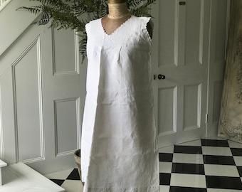Antique Linen Smock Dress: Hand Embroidered Monogram, UK 8-10