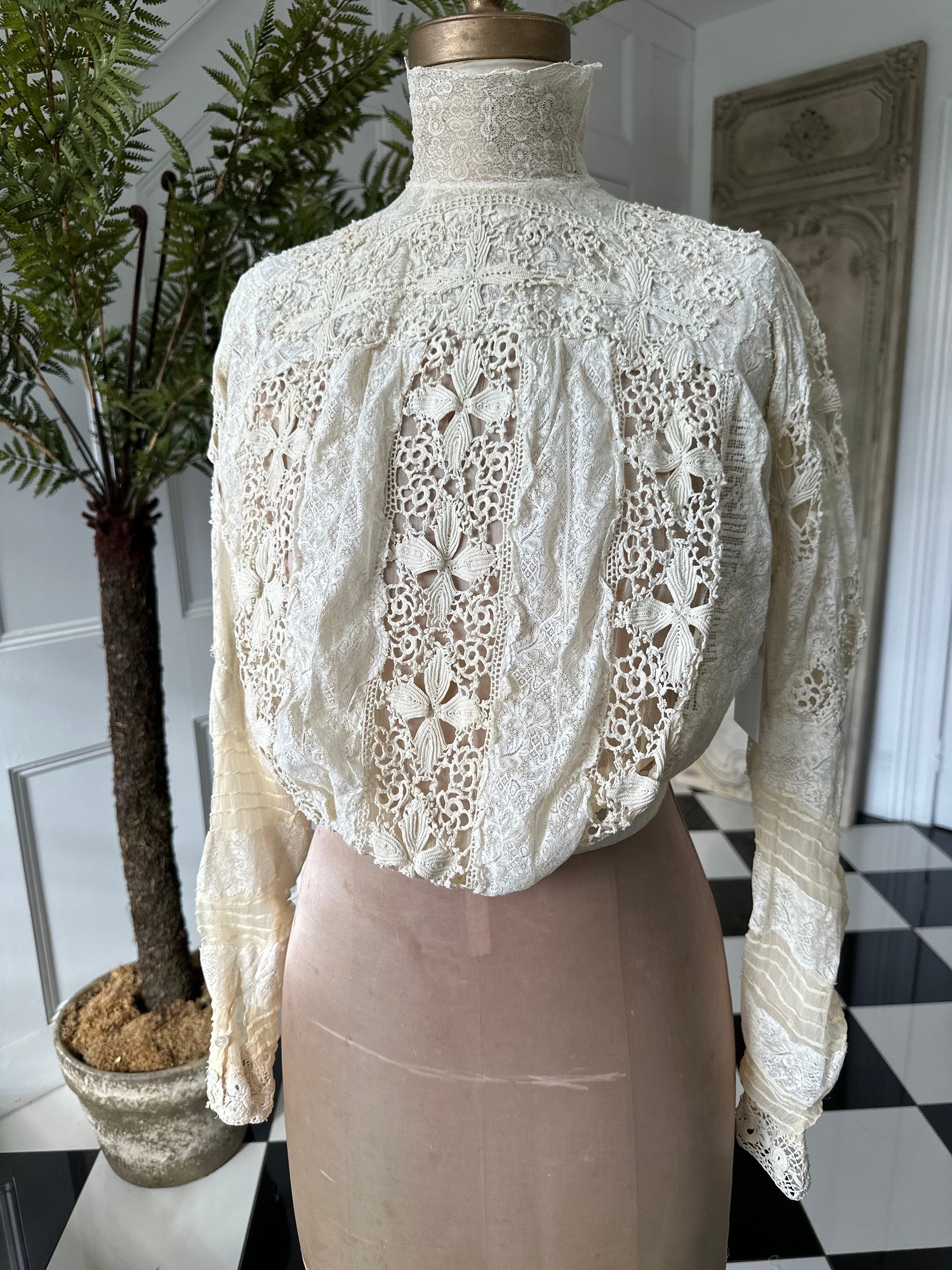 1910s Edwardian High Neck Blouse in Irish Crochet and Lace 1910s Edwardian High Neck Blouse in Irish Crochet and Lace