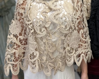 19th Century Cream Bobbin Lace Cape: Sage Green Silk Ribbon, Cotton