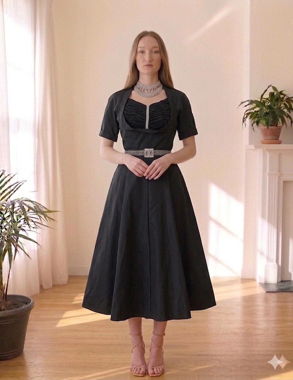 black 1950s style dress c.1969 Ossie Clark Black Moss Crepe Dress w Bishop Sleeves, Button Fro –  Shrimpton Couture