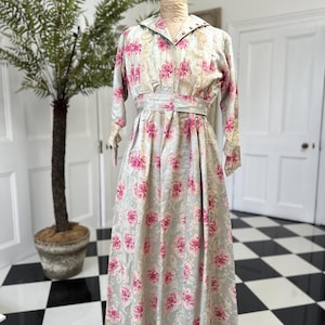 Antique Silk Satin Dress: 1910s Floral Brocade, Duck Egg Blue & Hot Pink