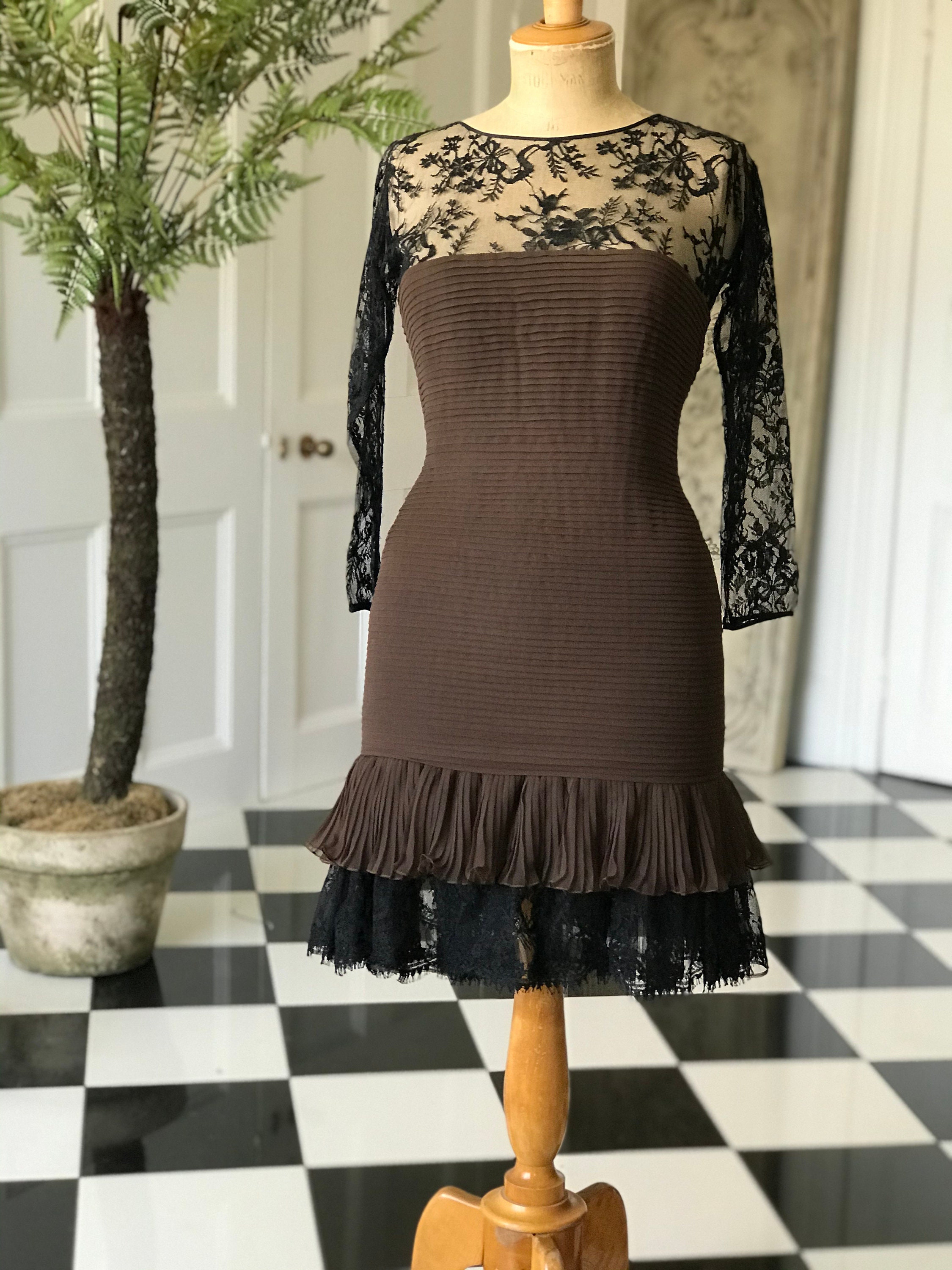 Image of Designer S Oscar De La Renta Silk Brown & Black Lace Dress