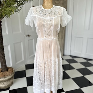 1940s white organdie cutout lace dress