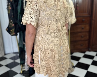 Vintage Irish Crochet Long Jacket Cardigan Intricate Handcrafted Beauty