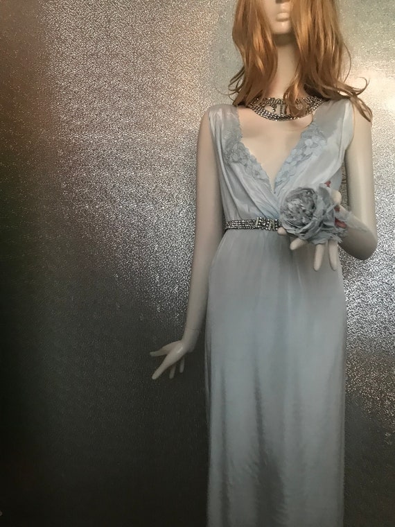 Sexy 1980s long slip dress in pale blue - image 2