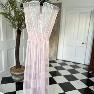 1970s Vintage baby pink sheer long negligee slip dress