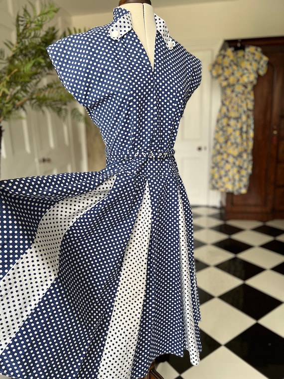 1940s 50s white and navy polka dot dress - image 2