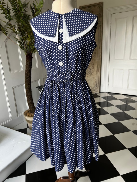 1940s 50s white and navy polka dot dress - image 2