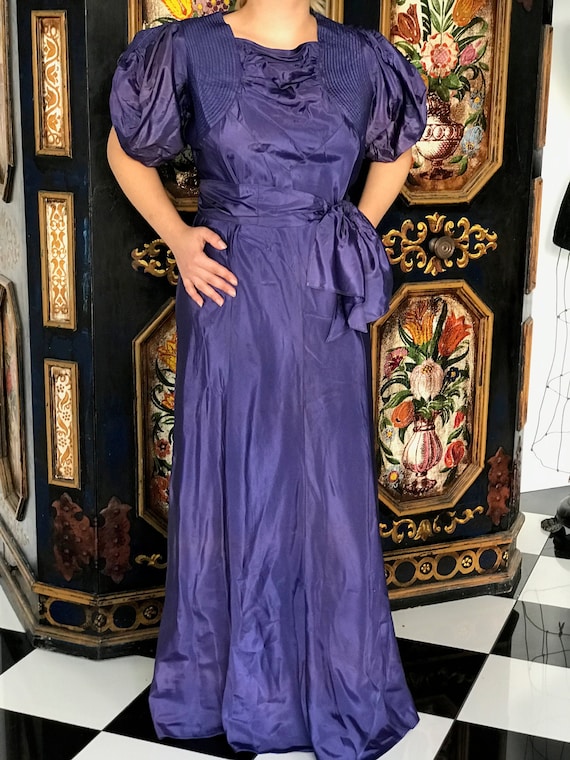 French 1930s taffeta long gown dress with large pu