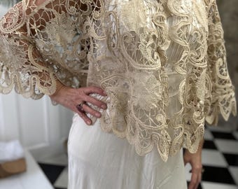 19th Century Cream Bobbin Lace Cape: Sage Green Silk Ribbon, Cotton