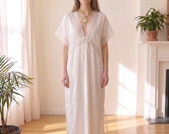 1970s silky white dress with lace trimming