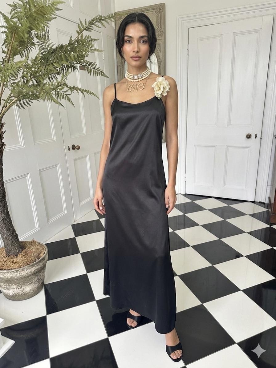Vintage style long bias cut black slip dress