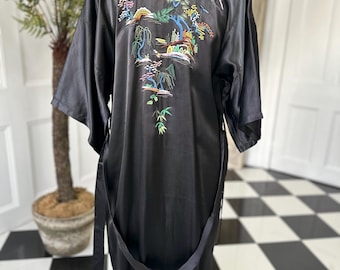 Vintage 1970 black satin embroidered kimono