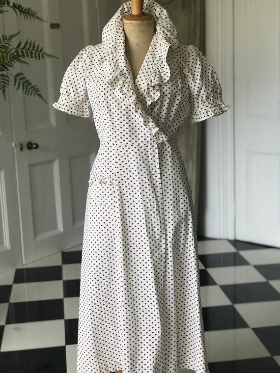 1940s 1950s cotton polka for wrap dress with ruffl