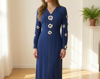 1970s Navy blue silk sequin and beaded knee length evening dress