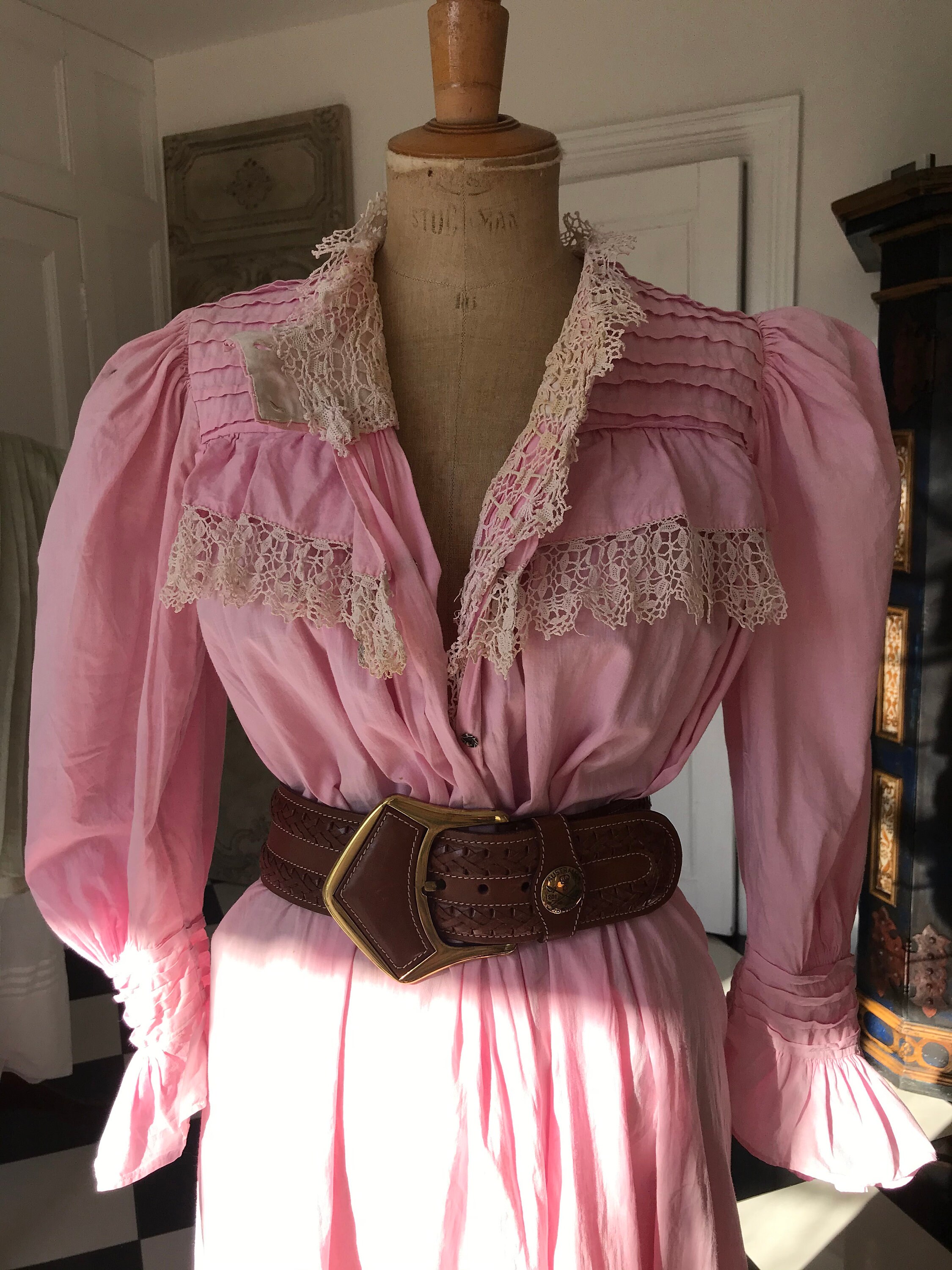 Image of Antique Pink & Lace Edwardian Nightdress Long Shirt Smock Dress With Ruffles