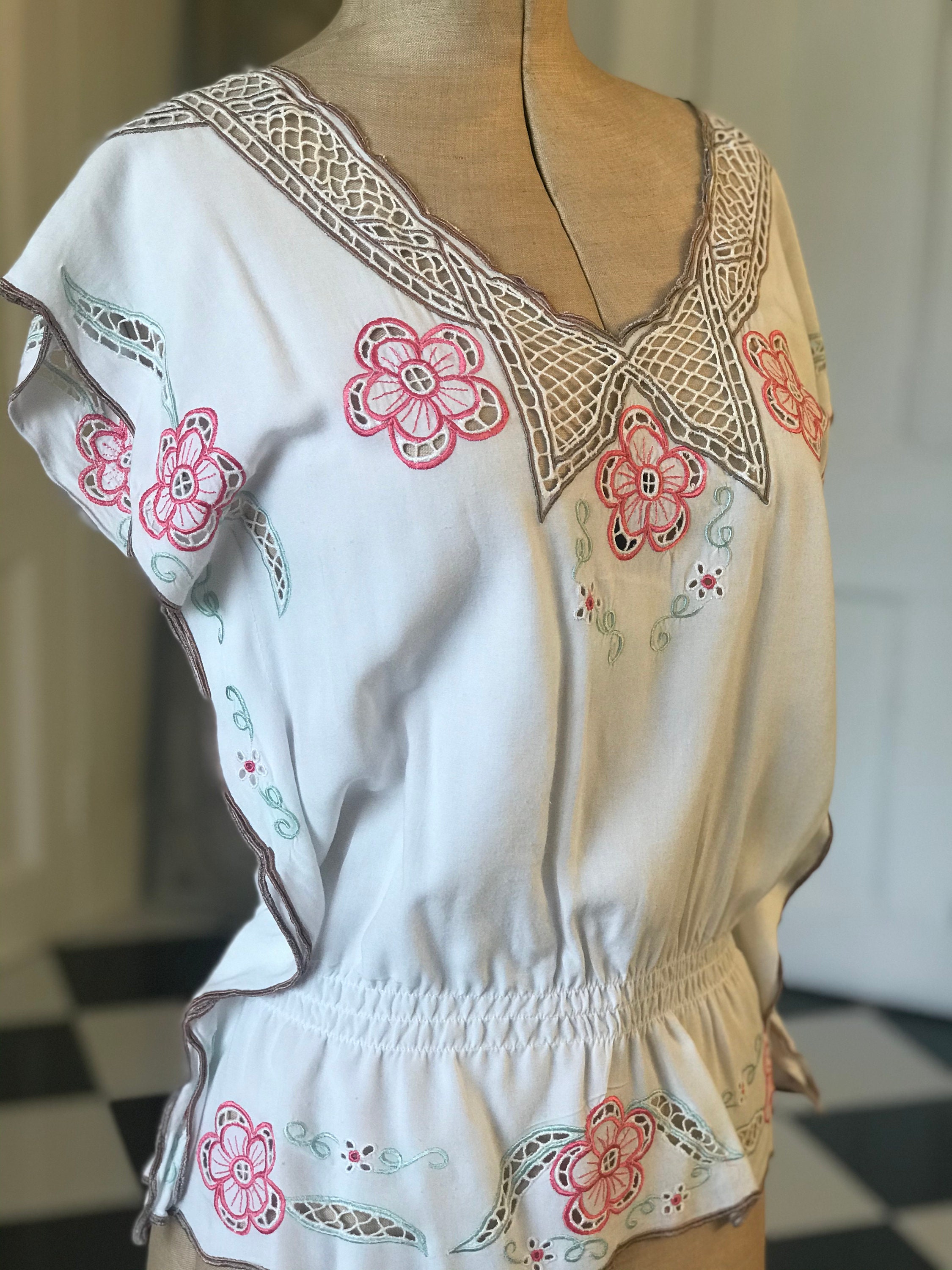 70s 80s Vintage Summer Blouse Embroidered in Pinks and Greens | Etsy UK