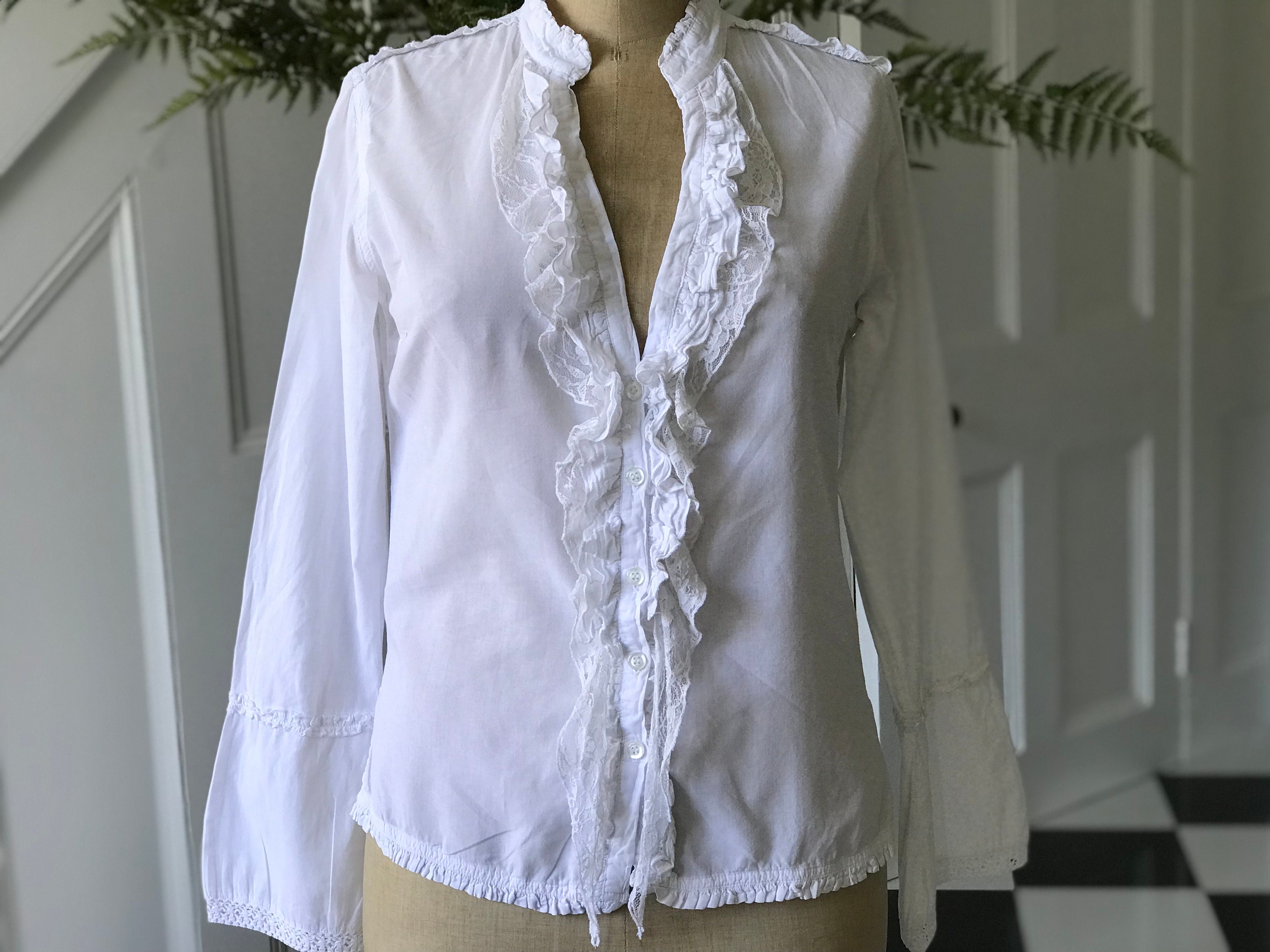 Women Lace Ruffle Collar Shirt Pleated Frill Sleeve Slim Blouse Victorian  White