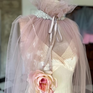 Handmade Vintage embellished soft Tulle Cape in old rose pink