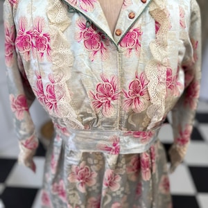 Antique 1900s 1910s silk satin dress in duck egg blue and hot pink floral pattern