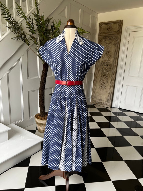 1940s 50s white and navy polka dot dress - image 1