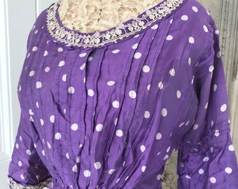 Edwardian Antique silk and lace lilac purple polka dot bodice blouse