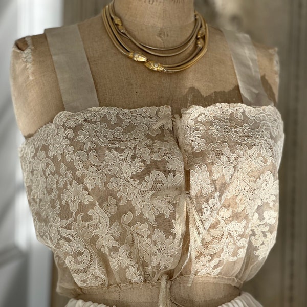 1930s beige lace camisole chemise with pink silk ribbon straps