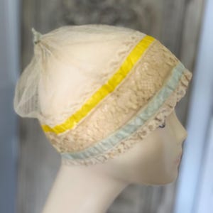 1920s tulle and silk ribbon boudoir bonnet hat