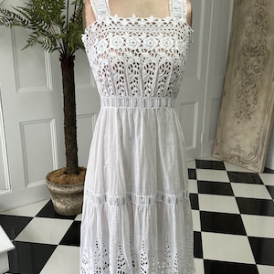 1910s Edwardian white embroidered lace  under dress with grey ribbon details