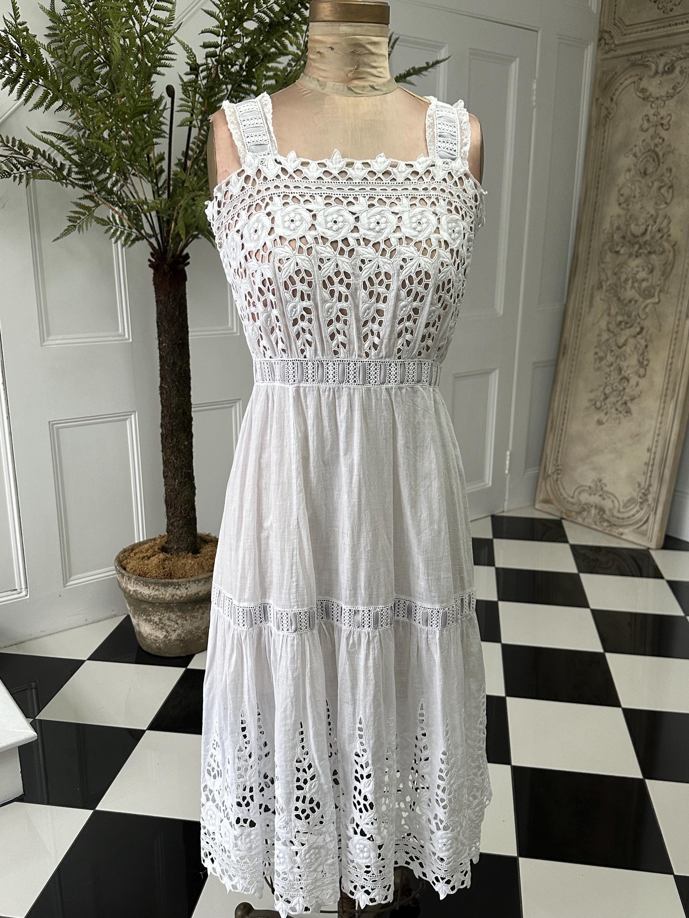 1910s Edwardian white embroidered lace  under dress with grey ribbon details