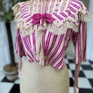 Edwardian Hot Pink Striped Silk Bodice with Lace